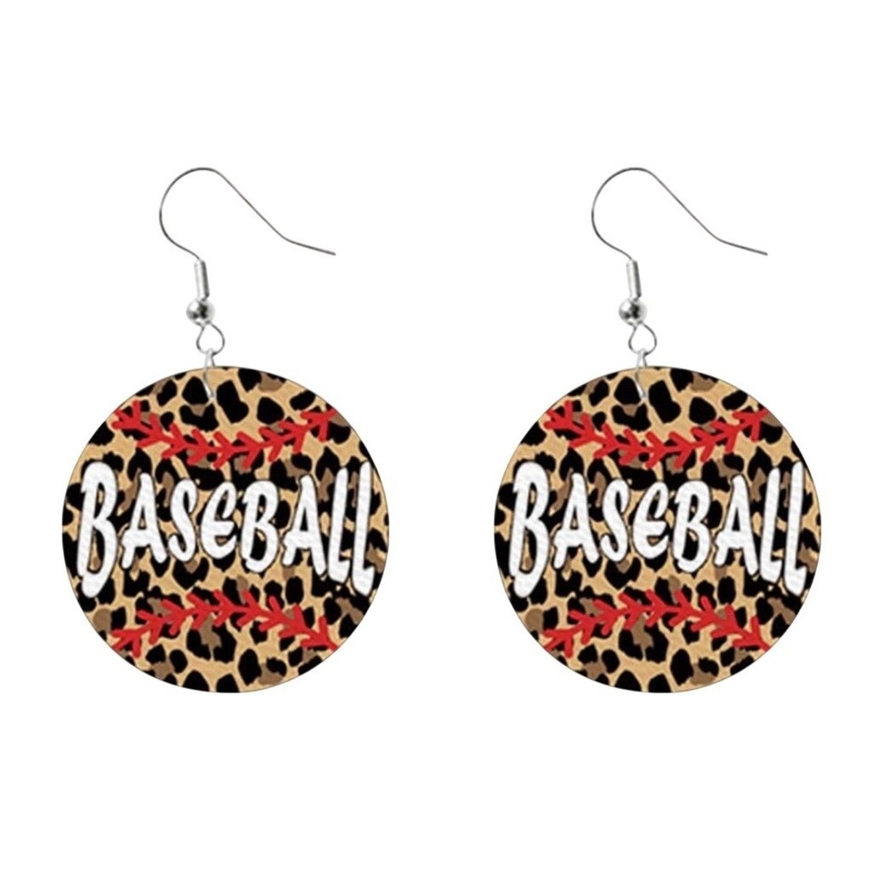 Baseball Drop Earrings Leopard Print Sporty Game Day Jewelry Faux Leather Dangle